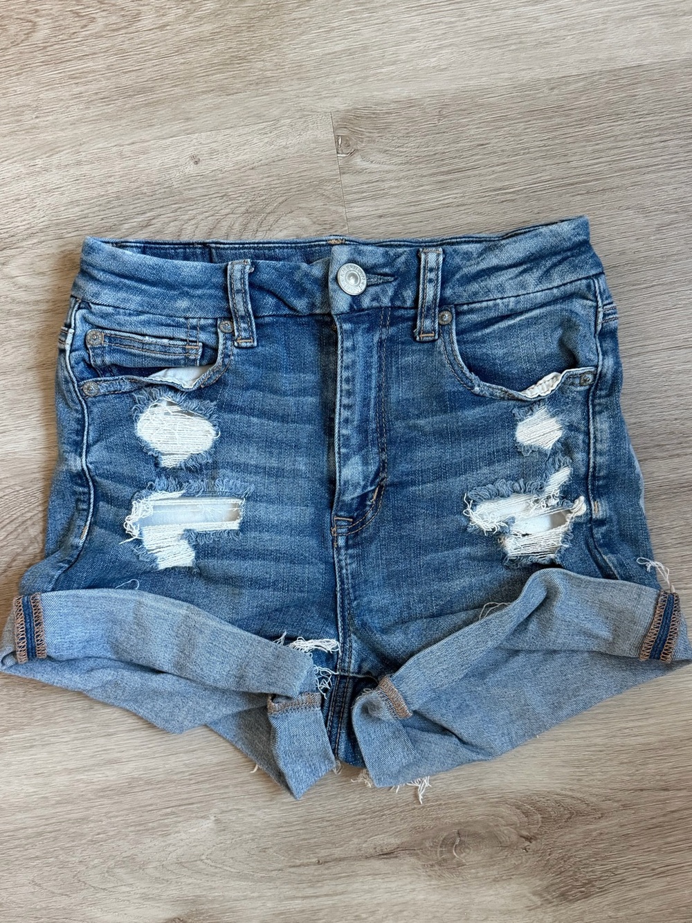 American Eagle Outfitters Distressed Rolled Cuff Denim Shorts - Blue
